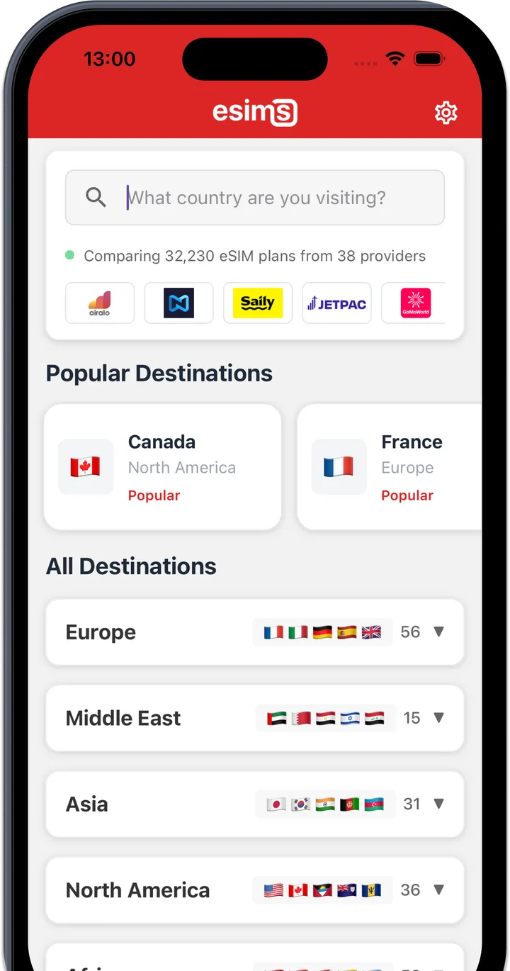 La app de esims.io mostrando la búsqueda de destinos